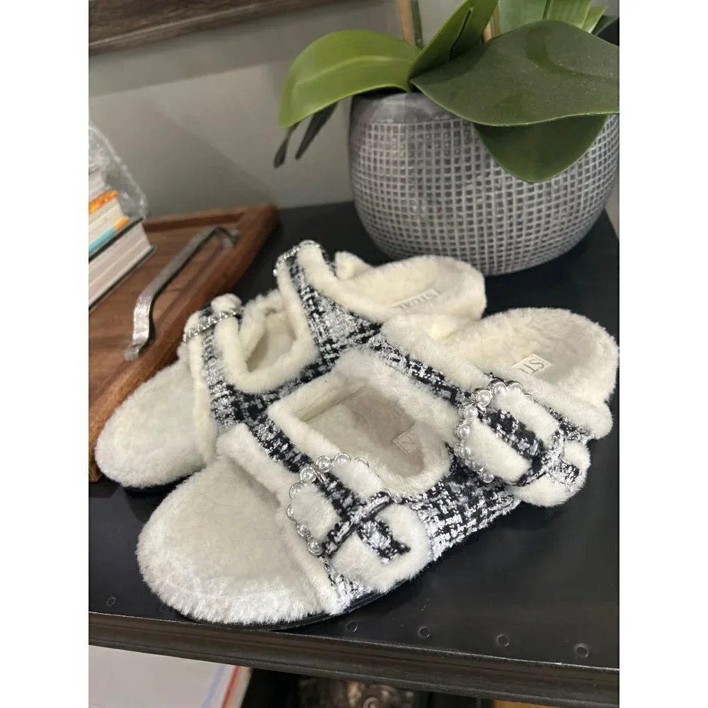 Stuart Weitzman Piper Chill Shearling Lined Tweed Pearl Slides White Black 8